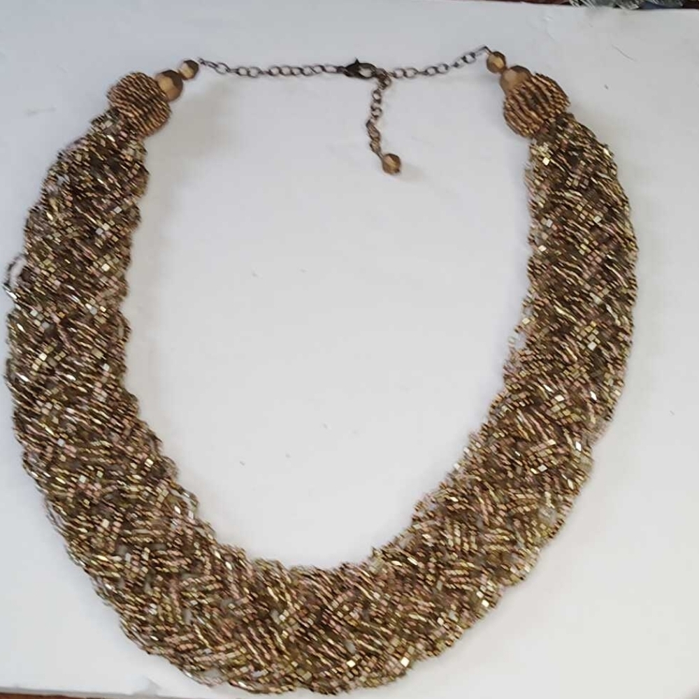 Vintage Multi-strand Beaded Golden Statement Necklace Thick Chunky Long